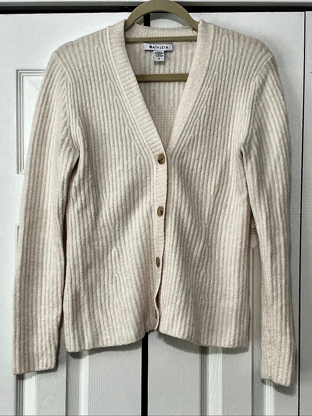 Athleta Ribbed Button Front Cardigan in Cream Small Like New